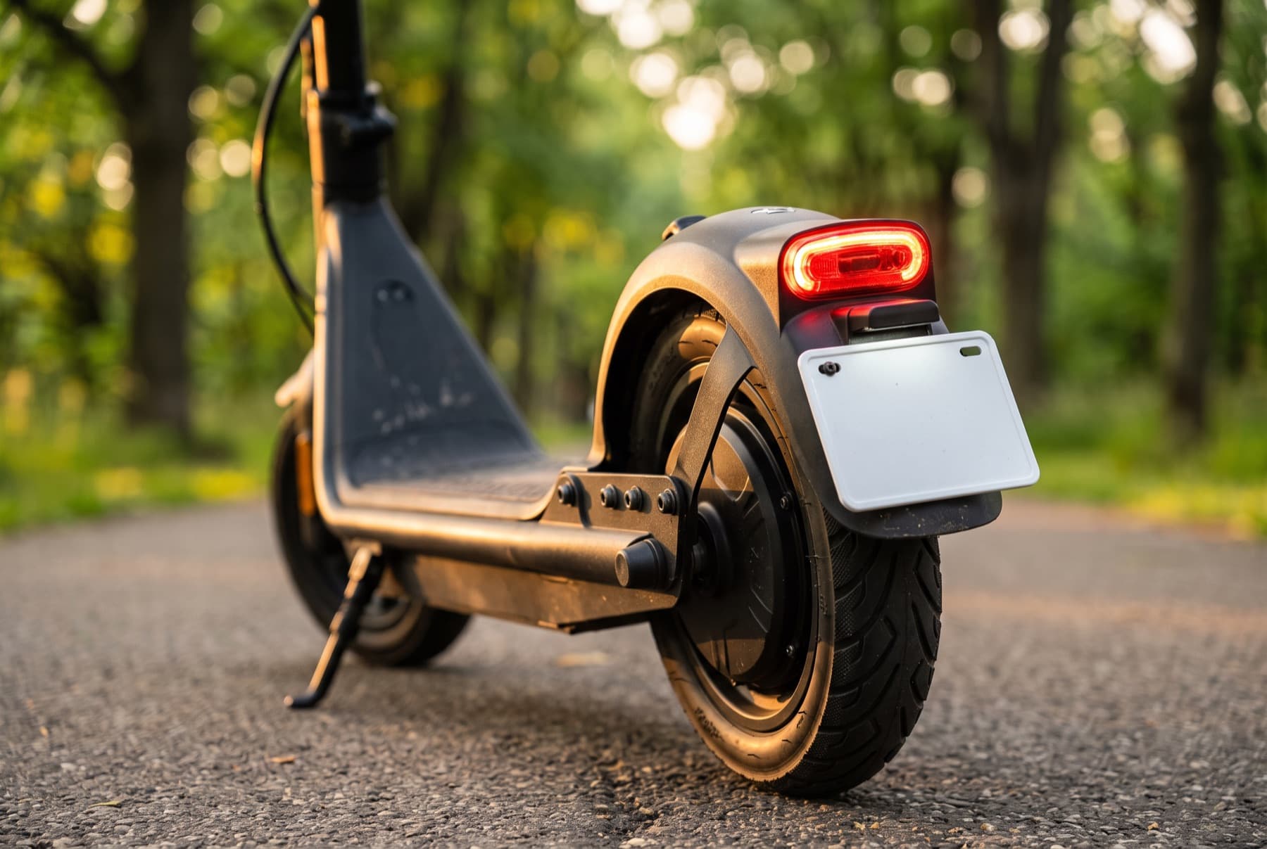 Hinterrad eines E-Scooters mit Rücklicht und noch leerem Halter für das Versicherungskennzeichen, auf einem Weg zwischen Bäumen